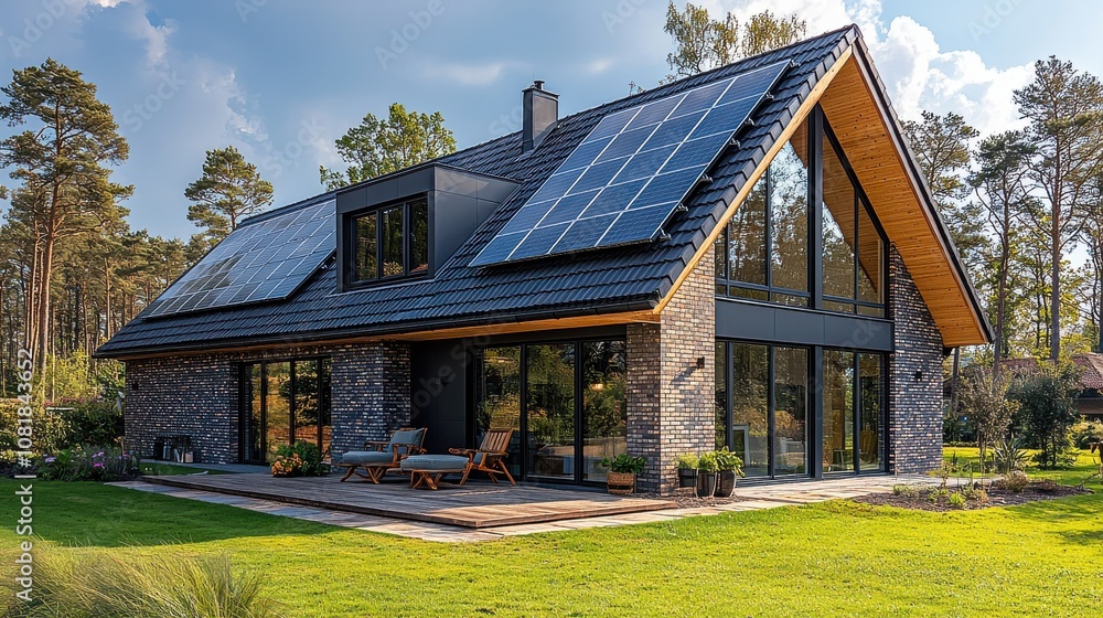 Modern eco-friendly house with solar panels in a serene wooded area during late afternoon sunlight Modern eco-friendly house with solar panels in a serene wooded area during late afternoon sunlight