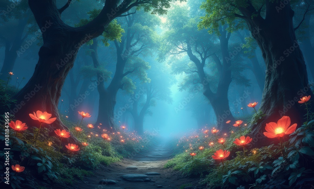 Enchanting forest path with glowing flowers Enchanting forest path with glowing flowers