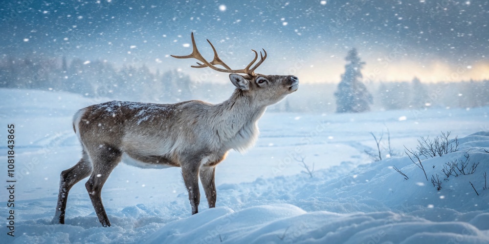 Obraz premium Close-Up of a Curious Reindeer in a Magical Winter Landscape with Swirling Snowflakes Captured in a Beautiful Documentary Photography Style