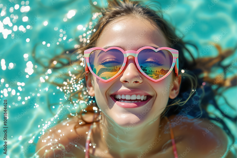 A young girl enjoys the water, beaming with happiness as sunlight sparkles on the turquoise surface around her