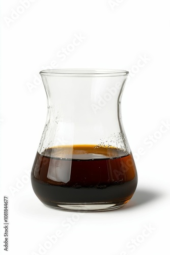 A glass of dark liquid on a white background.