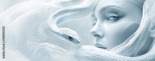 Luxurious image of a woman head from an eye-level perspective with a white snake coiled around it; the snake smooth curves stand out against the background, generative AI.