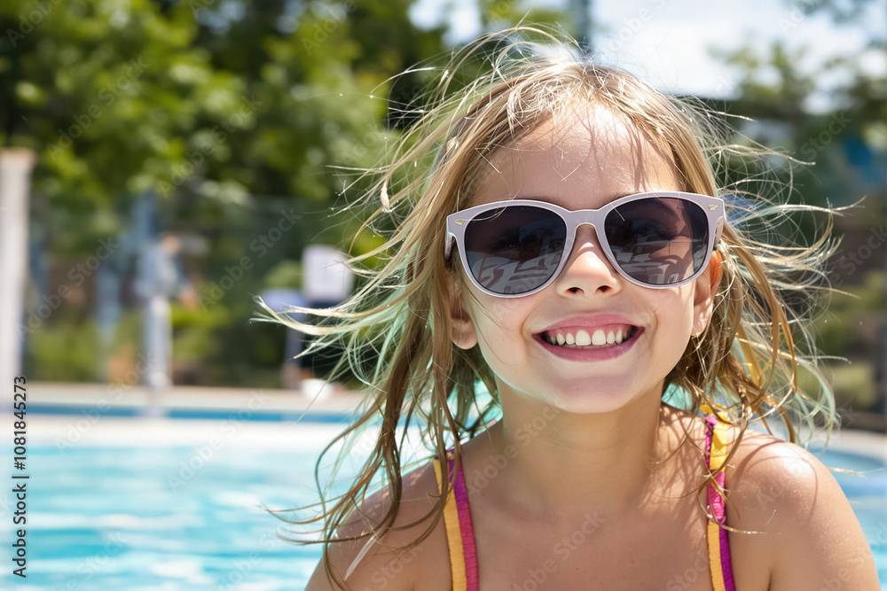 A cheerful girl enjoys a sunny day at the pool, wearing stylish sunglasses while splashing in the water A cheerful girl enjoys a sunny day at the pool, wearing stylish sunglasses while splashing in the water