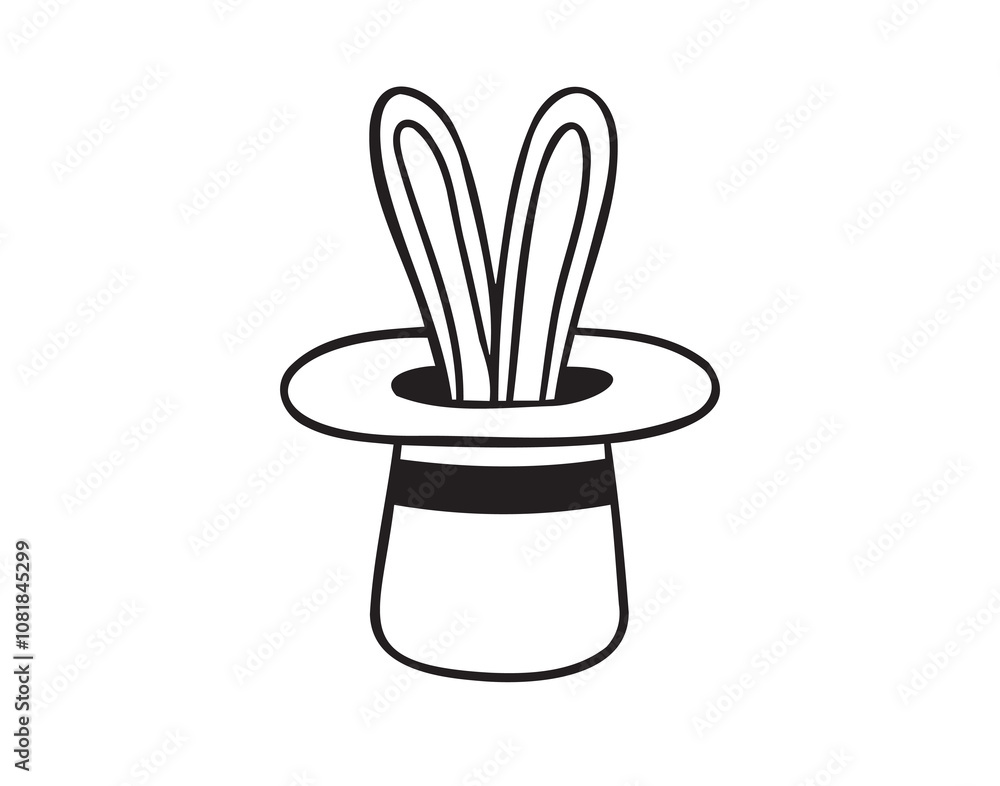 Rabbit in hat doodle hand drawn icon. Magic trick. Magician rabbit ears from a hat. Outline vector isolated rabbit in hat element. 