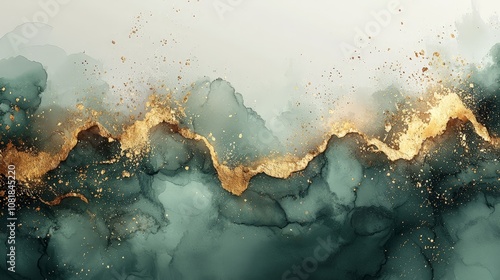 Abstract fluid art with teal and gold hues, creating a serene and elegant visual effect.