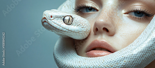 Close-up shot of a white snake winding around a woman head from an eye-level perspective, highlighting the luxurious contrast of scales against skin, generative AI.