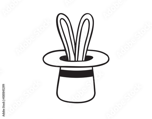 Rabbit in hat doodle hand drawn icon. Magic trick. Magician rabbit ears from a hat. Outline vector isolated rabbit in hat element. 