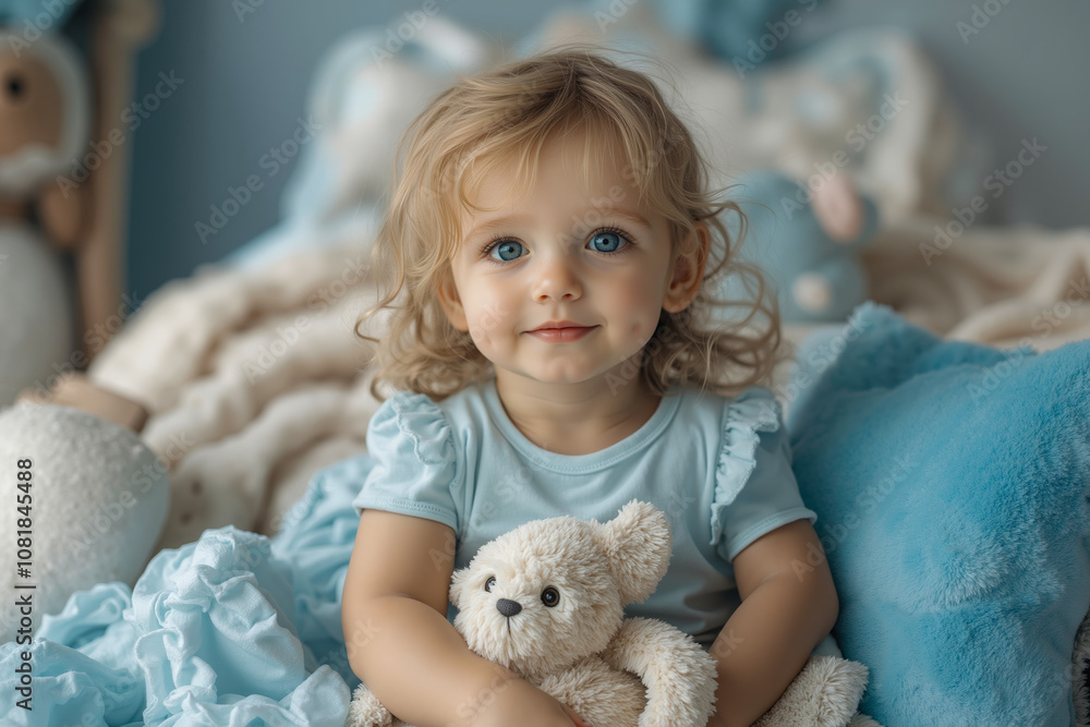 A little girl sitting on a bed with a teddy bear A little girl sitting on a bed with a teddy bear