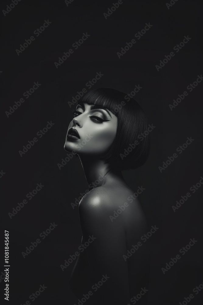 A pale skinned model with bold make-up, chin length haircut, in dark studio. smokey make-up. Fashion. Hairstyle. Cosmetics. Style. Black and white.
A pale skinned model with bold make-up, chin length haircut, in dark studio. smokey make-up. Fashion. Hairstyle. Cosmetics. Style. Black and white.