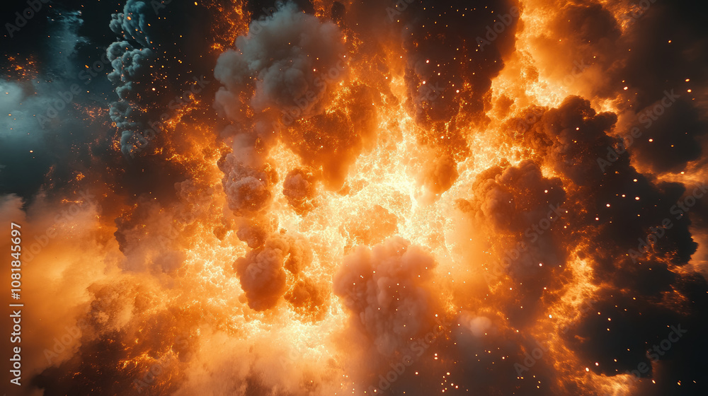 Naklejka premium photo of nuclear explosion, smoke and fire, flame, burning, clouds, glow, bomb, war, explosive rocket