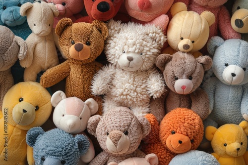 A group of plush toys, mostly teddy bears, in a variety of colors and textures.