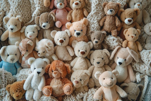 A collection of teddy bears of different colors and sizes, arranged on a knitted blanket.