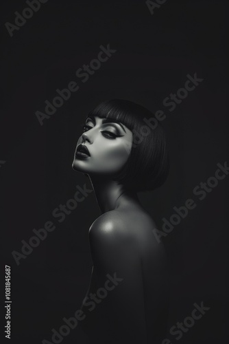 A pale skinned model with bold make-up, chin length haircut, in dark studio. smokey make-up. Fashion. Hairstyle. Cosmetics. Style. Black and white.	
