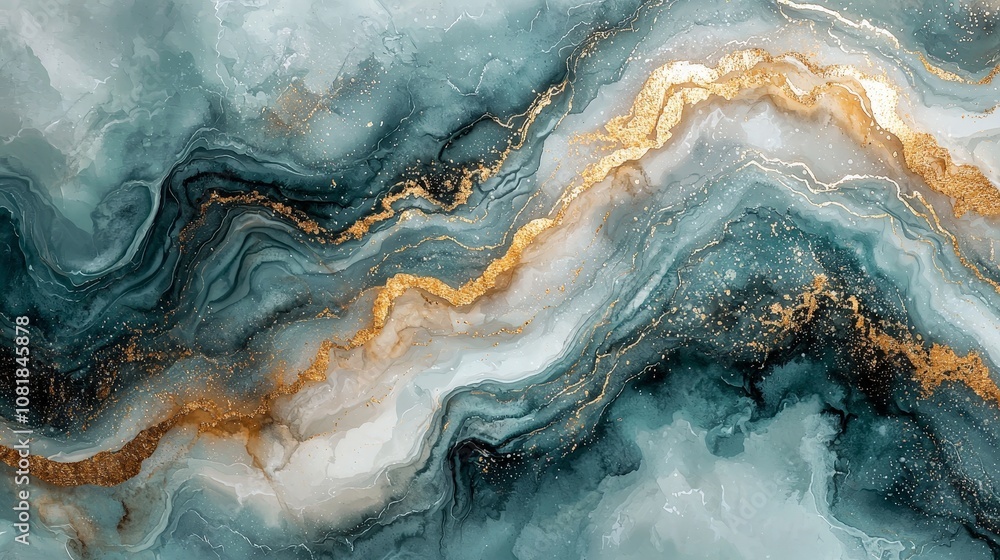 Abstract fluid art with teal, white, and gold swirls, creating a luxurious and elegant design. Abstract fluid art with teal, white, and gold swirls, creating a luxurious and elegant design.