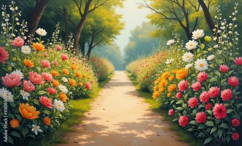 Vibrant flower-lined pathway in nature photo