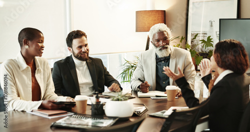 Teamwork, negotiation and business people in meeting, communication and financial company. Employees, accounting firm and group in boardroom, planning and feedback for budget report and review