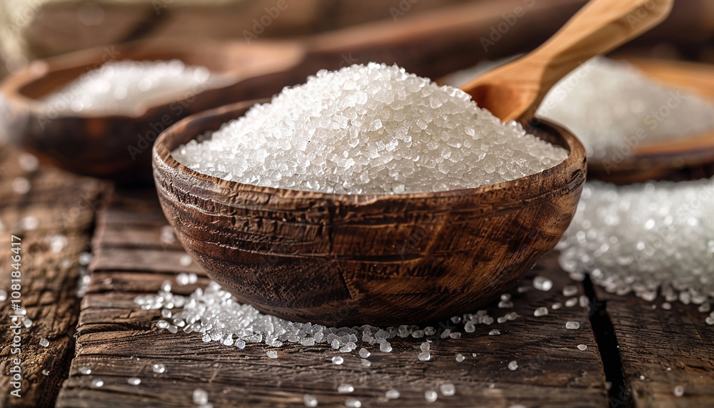 White sugar on wooden table with spoon generated.AI White sugar on wooden table with spoon generated.AI