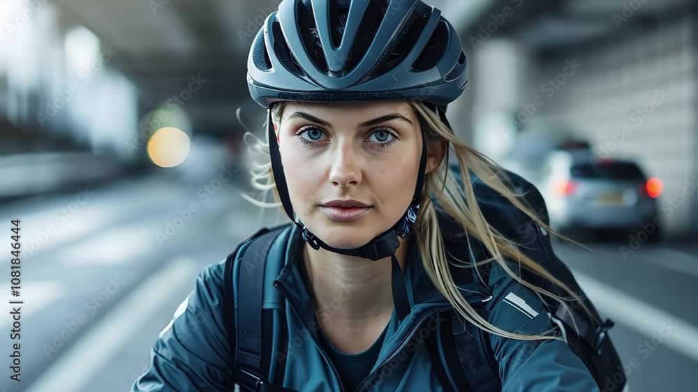 A young woman wearing a helmet and biking gear, focused while riding in an urban environment. A young woman wearing a helmet and biking gear, focused while riding in an urban environment.