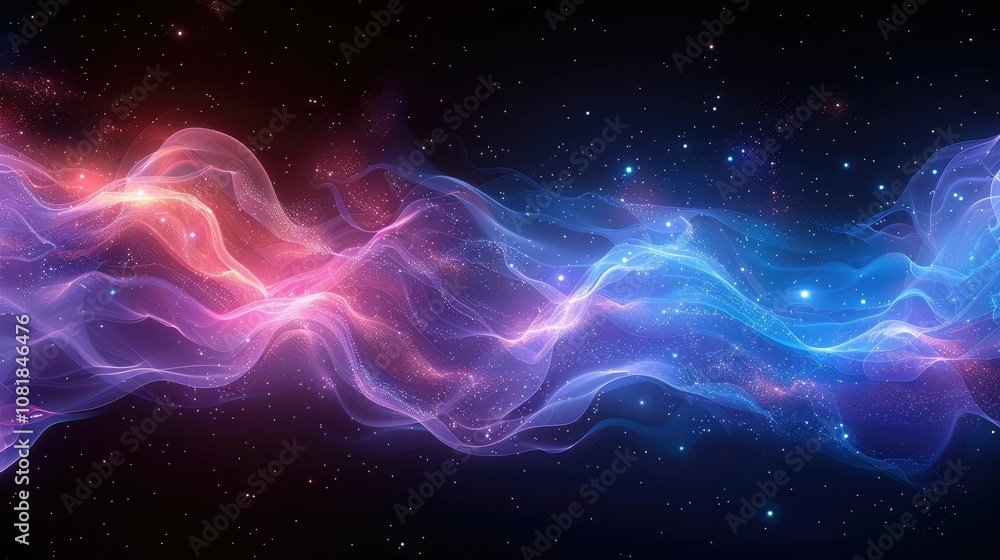 Abstract glowing waves and stars on a dark background. Abstract glowing waves and stars on a dark background.