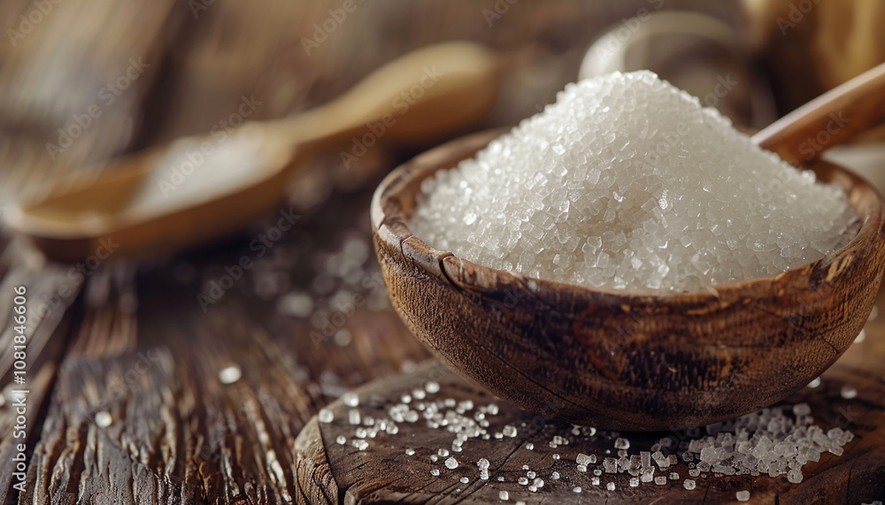 White sugar on wooden table with spoon generated.AI White sugar on wooden table with spoon generated.AI