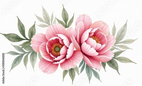 Delicate pink peonies with green leaves.