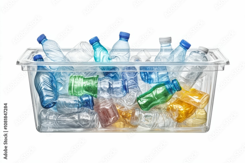 Plastic bottles in a clear container. Plastic bottles in a clear container.
