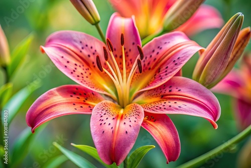 Close-up of a pink tiger lily flower with focus on orange stamens