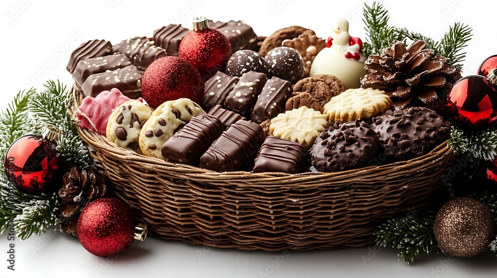 A festive gift basket containing fine wine, gourmet chocolate assortment, and holiday cookies, displayed on a pristine white background. A festive gift basket containing fine wine, gourmet chocolate assortment, and holiday cookies, displayed on a pristine white background.