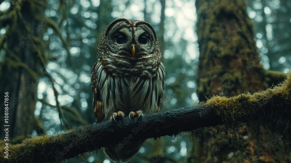 A Barred Owl Perched on a Moss-Covered Branch in a Forest A Barred Owl Perched on a Moss-Covered Branch in a Forest