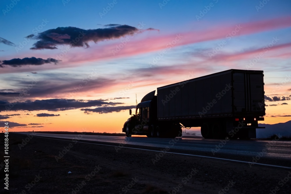 Closeup Silhouette of a Cargo Truck on an Open Road at Dusk, Perfect for Transportation and Logistics Themes with Ample Copy Space for Text and Branding Closeup Silhouette of a Cargo Truck on an Open Road at Dusk, Perfect for Transportation and Logistics Themes with Ample Copy Space for Text and Branding