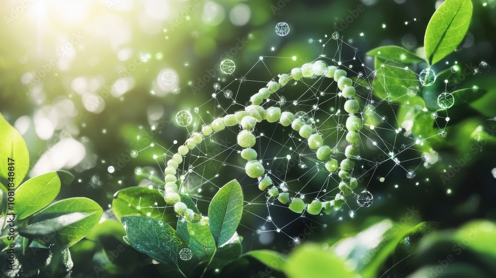 Innovative green biotechnology: dna chain growing from lush plant leaves Innovative green biotechnology: dna chain growing from lush plant leaves