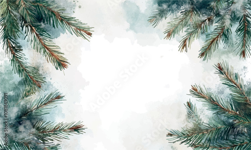 watercolor frame, christmas background with pine tree