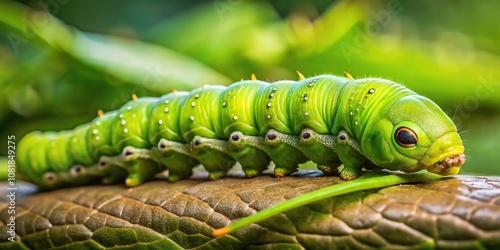 Close-up of a large green caterpillar of the Angle Shades moth Phlogophora meticulosa with shallow depth of field photo