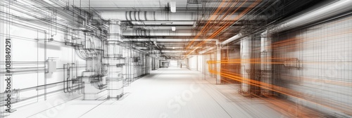 Futuristic industrial corridor with pipes and wiring showing engineering design
