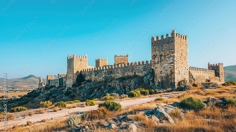Panoramic view of a traditional European castle on a hill Panoramic view of a traditional European castle on a hill