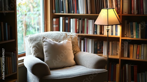 A Comfortable Armchair by a Window with a Bookcase and a Lamp