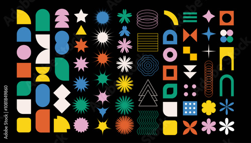 Brutalist abstract geometric shapes and grids. Brutal contemporary figure star oval spiral flower and other primitive elements. Swiss design aesthetic. Bauhaus memphis design.