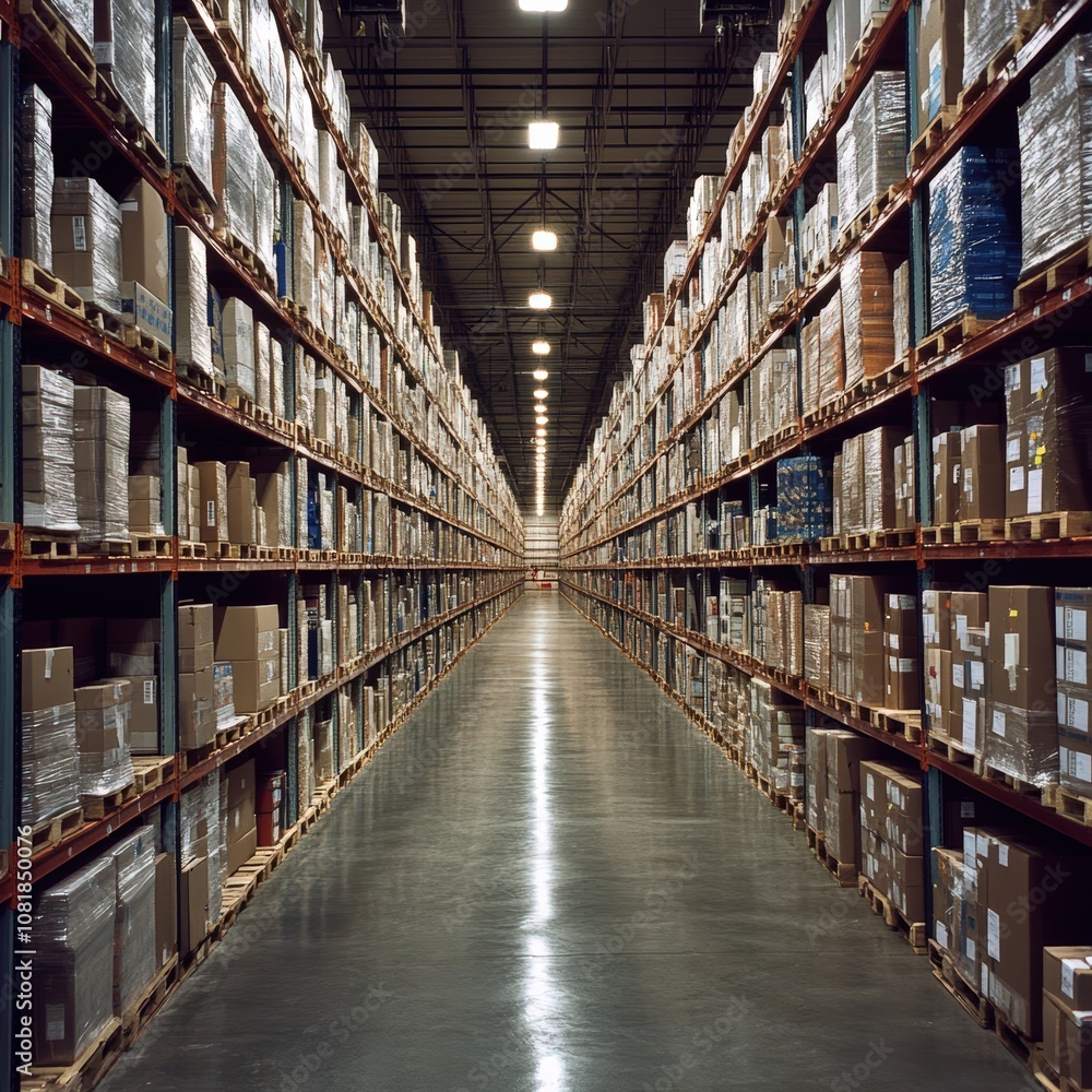 A spacious warehouse lined with neatly stacked boxes, showcasing an organized storage solution for inventory management. A spacious warehouse lined with neatly stacked boxes, showcasing an organized storage solution for inventory management.