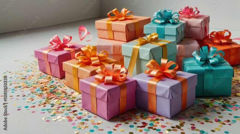 Obraz premium Stack of colorful boxes with ribbons on top