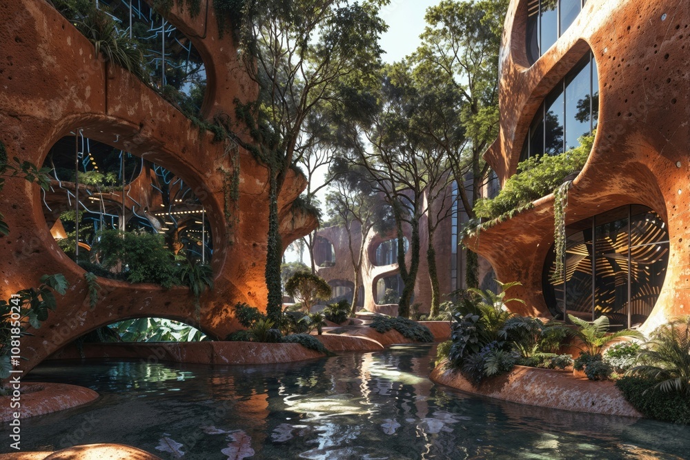 Naklejka premium Futuristic eco-architecture merges with nature, featuring organic terracotta structures, lush greenery, and reflective pools. Curved windows and arches create a harmonious of modern design