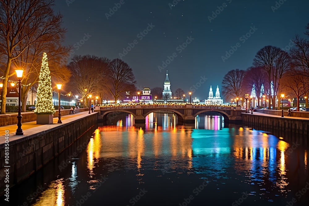 Fototapeta premium A festive riverside promenade at night with illuminated Christmas trees, colorful lights reflecting on calm water, and arched bridges under a clear, starry sky, creating a warm holiday atmosphere