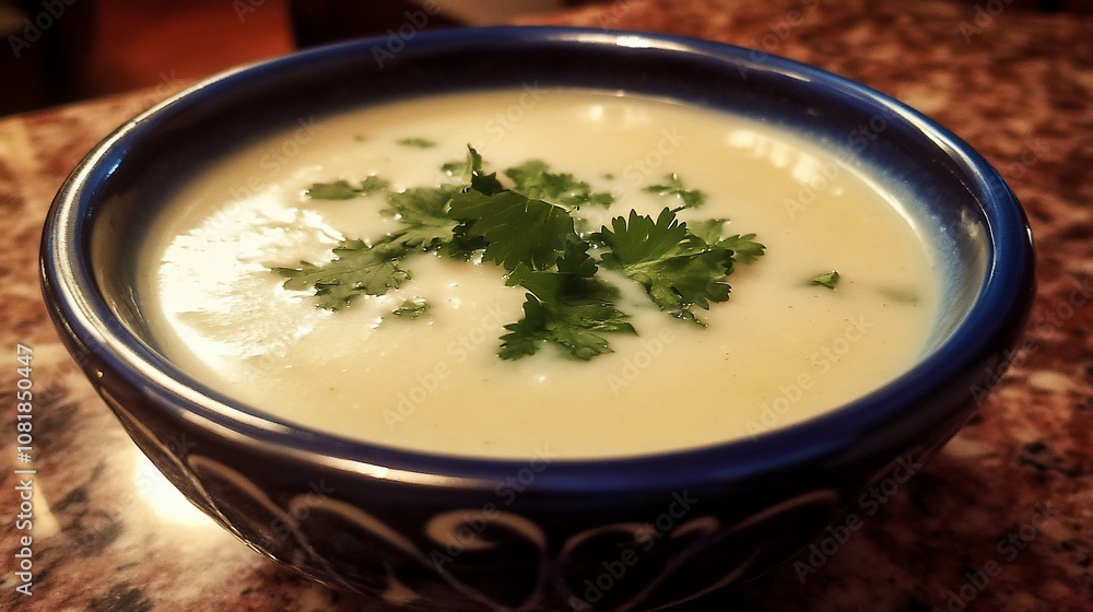 Creamy white soup garnished with fresh cilantro in a blue bowl. Creamy white soup garnished with fresh cilantro in a blue bowl.