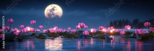 Pink lotus flowers blooming in a lake under the moonlight