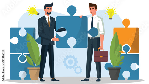 Two businessmen collaborating to find a solution, in a flat illustration style, professional and minimalistic.