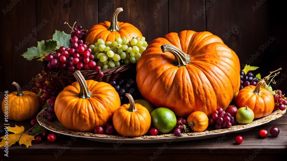 A still life with pumpkins, grapes, and apples on a wooden table. A still life with pumpkins, grapes, and apples on a wooden table.