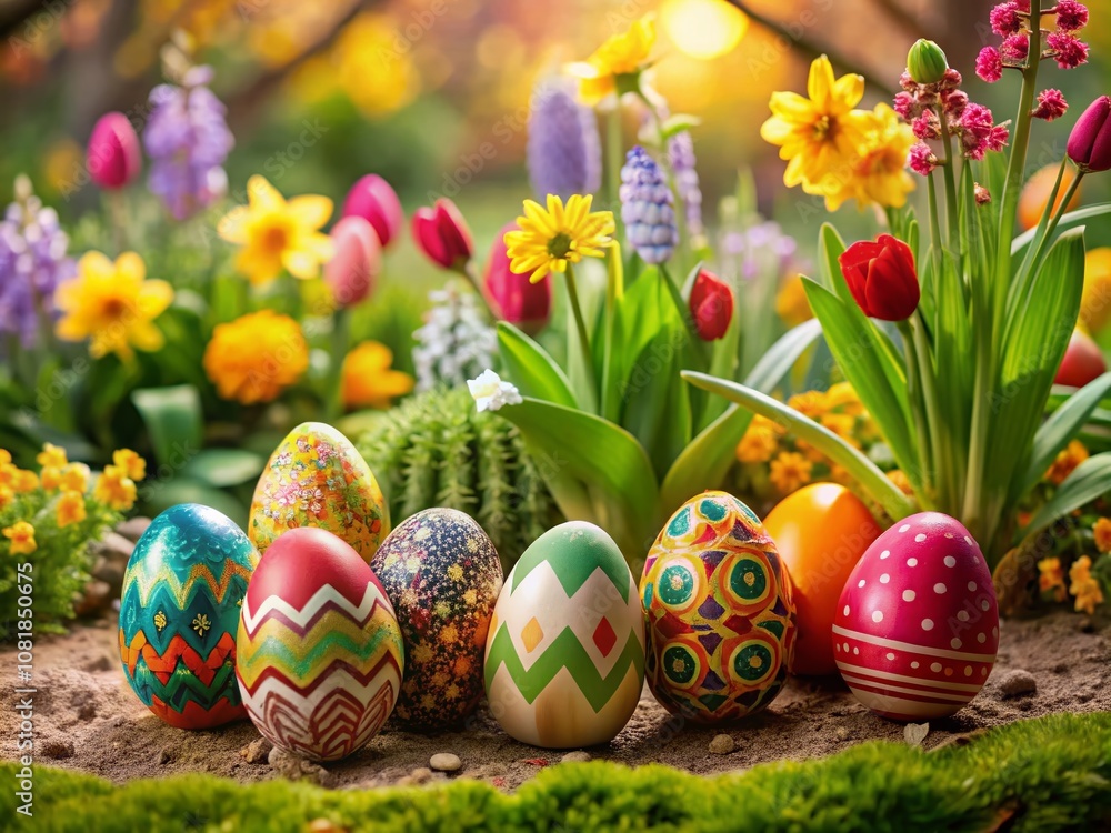 Colorful Easter Eggs in a Vibrant Garden Setting During Spring with Unique Designs and Playful Arrangements Perfect for Seasonal Celebrations and Festive Decor Colorful Easter Eggs in a Vibrant Garden Setting During Spring with Unique Designs and Playful Arrangements Perfect for Seasonal Celebrations and Festive Decor