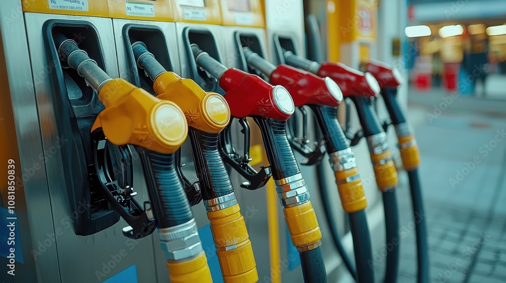 Gasoline pumps lined up at a busy urban fuel station during the day, ready for refueling vehicles Gasoline pumps lined up at a busy urban fuel station during the day, ready for refueling vehicles