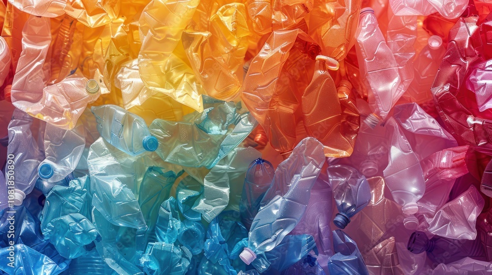A textured background of crushed plastic bottles in various translucent colors, creating a vibrant and impactful visual statement about recycling. A textured background of crushed plastic bottles in various translucent colors, creating a vibrant and impactful visual statement about recycling.