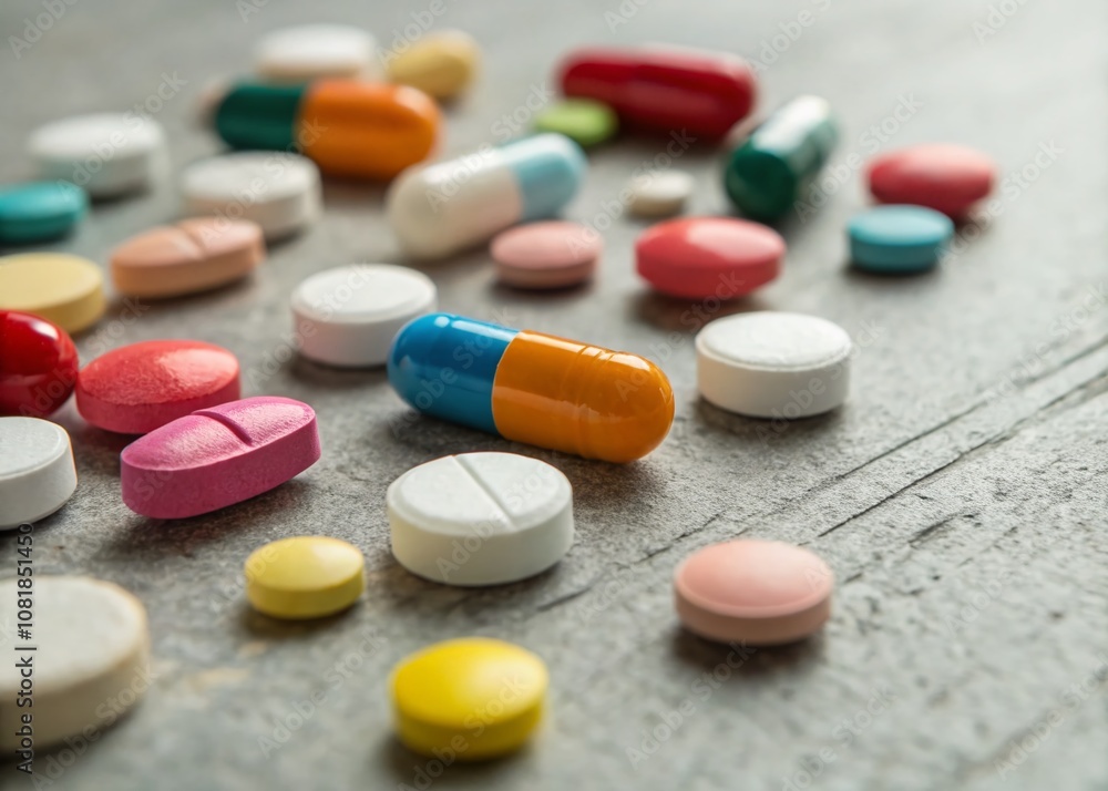 Colorful Pills Scattered on a Table with Artistic Lighting, Capturing the Essence of Medication and Health in a Vibrant, Abstract Style for Architectural Photography Colorful Pills Scattered on a Table with Artistic Lighting, Capturing the Essence of Medication and Health in a Vibrant, Abstract Style for Architectural Photography