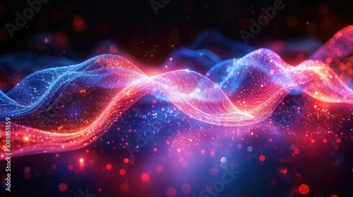 Abstract wavy background with glowing particles and bokeh effect.